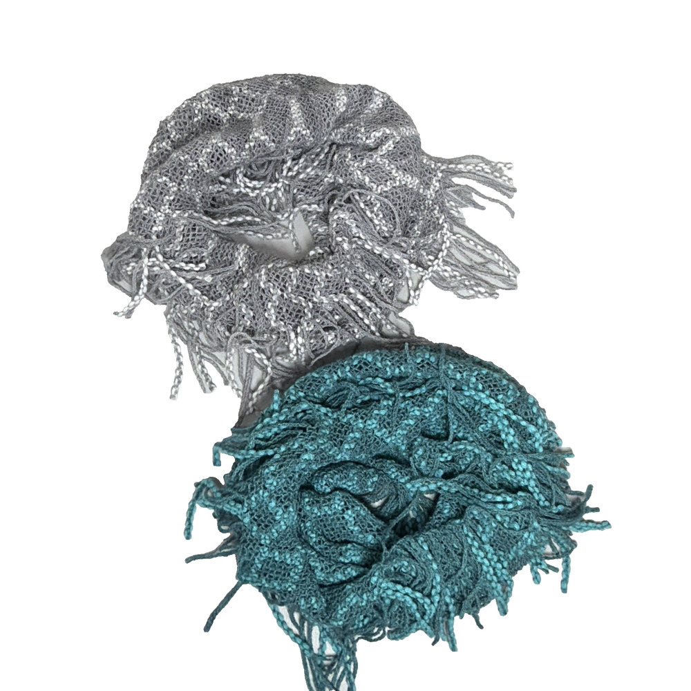 Britt's Knits Infinity Fringe Scarf Lot of 2 Gray and Teal Lightweight Boho
